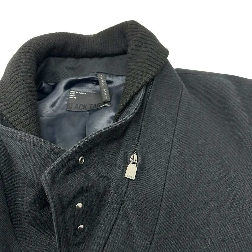 ZARA MAN Black Tag Coat Black Zip Hook Closure Cotton Wool Poly Blend‎ Small